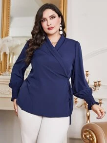 Mulvari Plus Solid Knot Side Wrap Blouse - Navy Blue - View 1