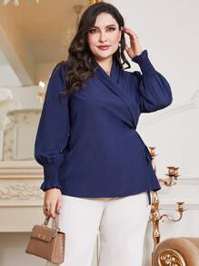 Mulvari Plus Solid Knot Side Wrap Blouse - Navy Blue - View 3