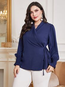 Mulvari Plus Solid Knot Side Wrap Blouse - Navy Blue - View 4