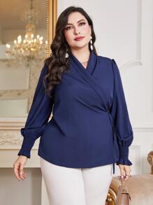 Mulvari Plus Solid Knot Side Wrap Blouse - Navy Blue - View 5