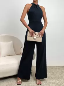 SHEIN Privé Áo liền quần nữ Dây kéo xoắn lại màu trơn Giải trí - Màu xanh hải quân - Xem 1
