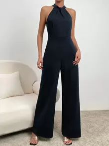 SHEIN Privé Áo liền quần nữ Dây kéo xoắn lại màu trơn Giải trí - Màu xanh hải quân - Xem 4