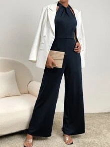 SHEIN Privé Áo liền quần nữ Dây kéo xoắn lại màu trơn Giải trí - Màu xanh hải quân - Xem 5
