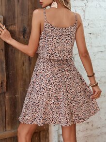 SHEIN Holidaya Allover Print Ruffle Hem Cami Dress - Brown - View 2