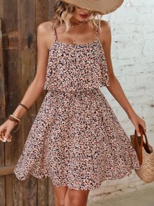 SHEIN Holidaya Allover Print Ruffle Hem Cami Dress - Brown - View 4