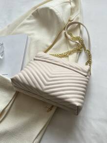 鋸齒紋衍縫鏈條翻蓋方包 - 米色 - 查看 3