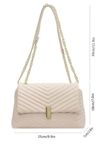 鋸齒紋衍縫鏈條翻蓋方包 - 米色 - 查看 4