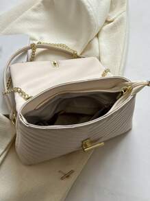 鋸齒紋衍縫鏈條翻蓋方包 - 米色 - 查看 5