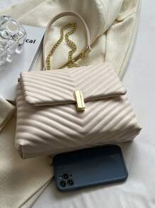 鋸齒紋衍縫鏈條翻蓋方包 - 米色 - 查看 6