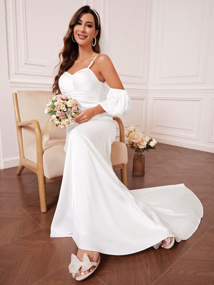 Cold Shoulder Puff Sleeve Wedding Dress
