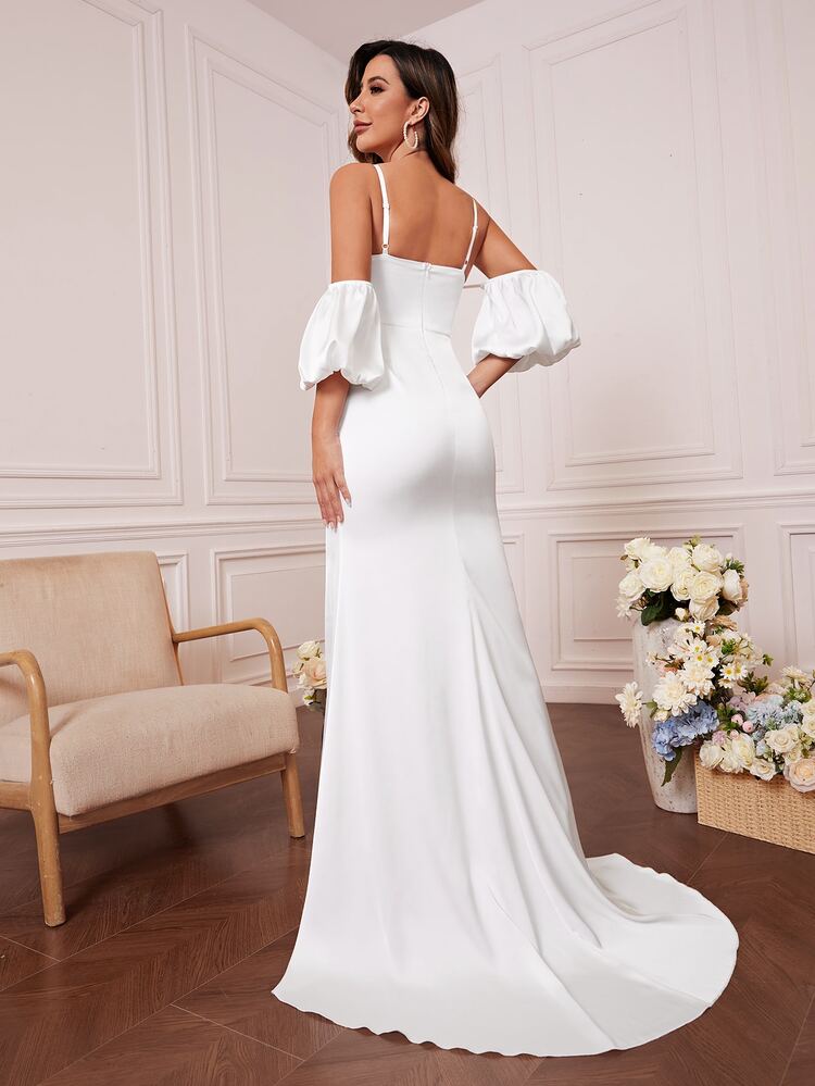 Cold Shoulder Puff Sleeve Wedding Dress