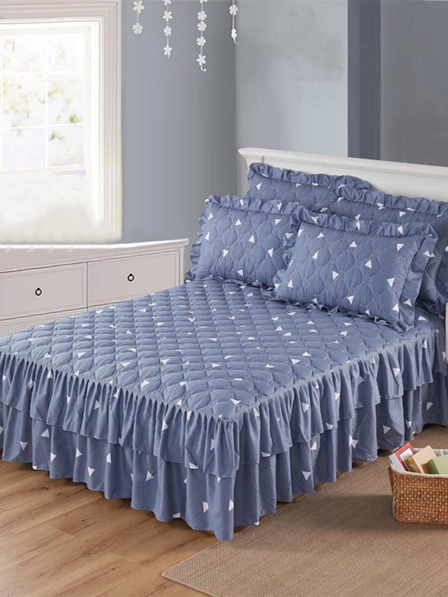 1pc Triangle Print Ruffle Trim Bed Skirt - Multicolor - View 1
