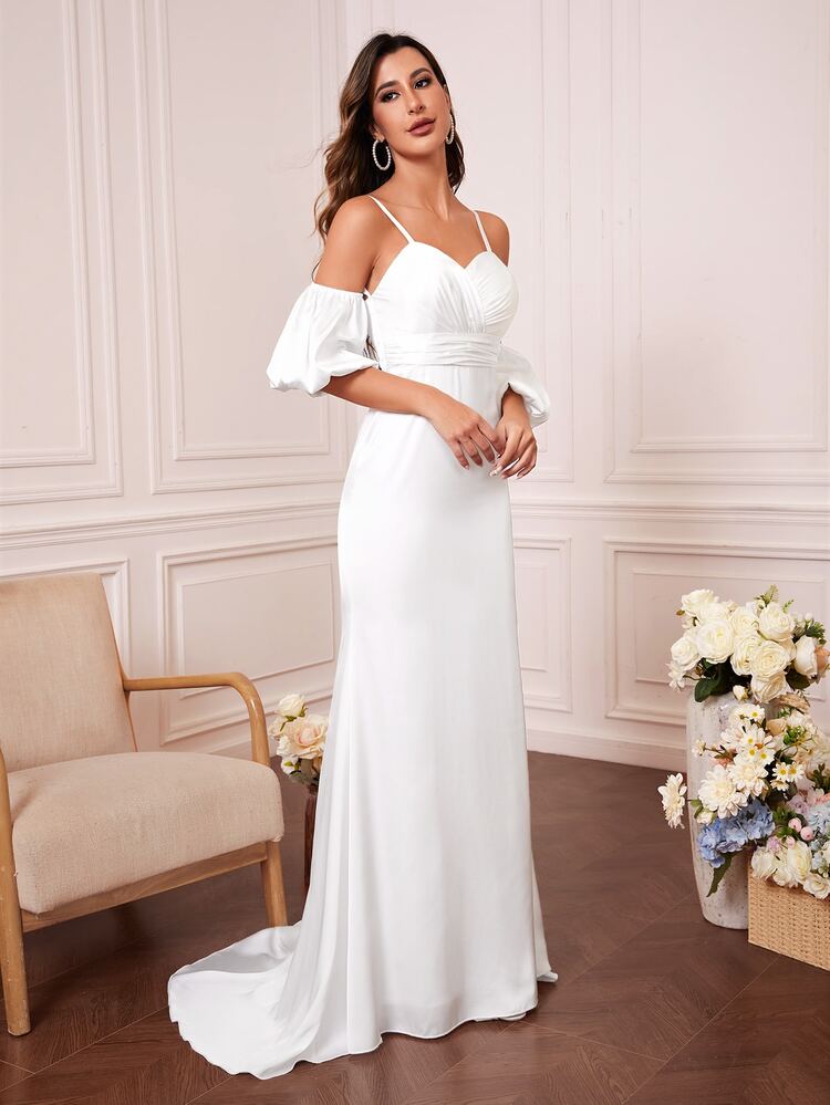 Cold Shoulder Puff Sleeve Wedding Dress