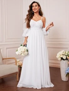 Cold Shoulder Contrast Lace Tie Back Chiffon Wedding Dress - White - View 4