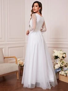 Váy cưới Tương phản ren Tương phản Mesh Dây kéo màu trơn - trắng - Xem 2