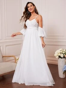 Cold Shoulder Contrast Lace Tie Back Chiffon Wedding Dress - White - View 5