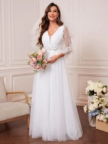 Váy cưới Tương phản ren Tương phản Mesh Dây kéo màu trơn - trắng - Xem 1