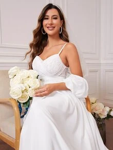 Cold Shoulder Contrast Lace Tie Back Chiffon Wedding Dress - White - View 6