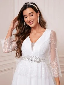 Váy cưới Tương phản ren Tương phản Mesh Dây kéo màu trơn - trắng - Xem 5