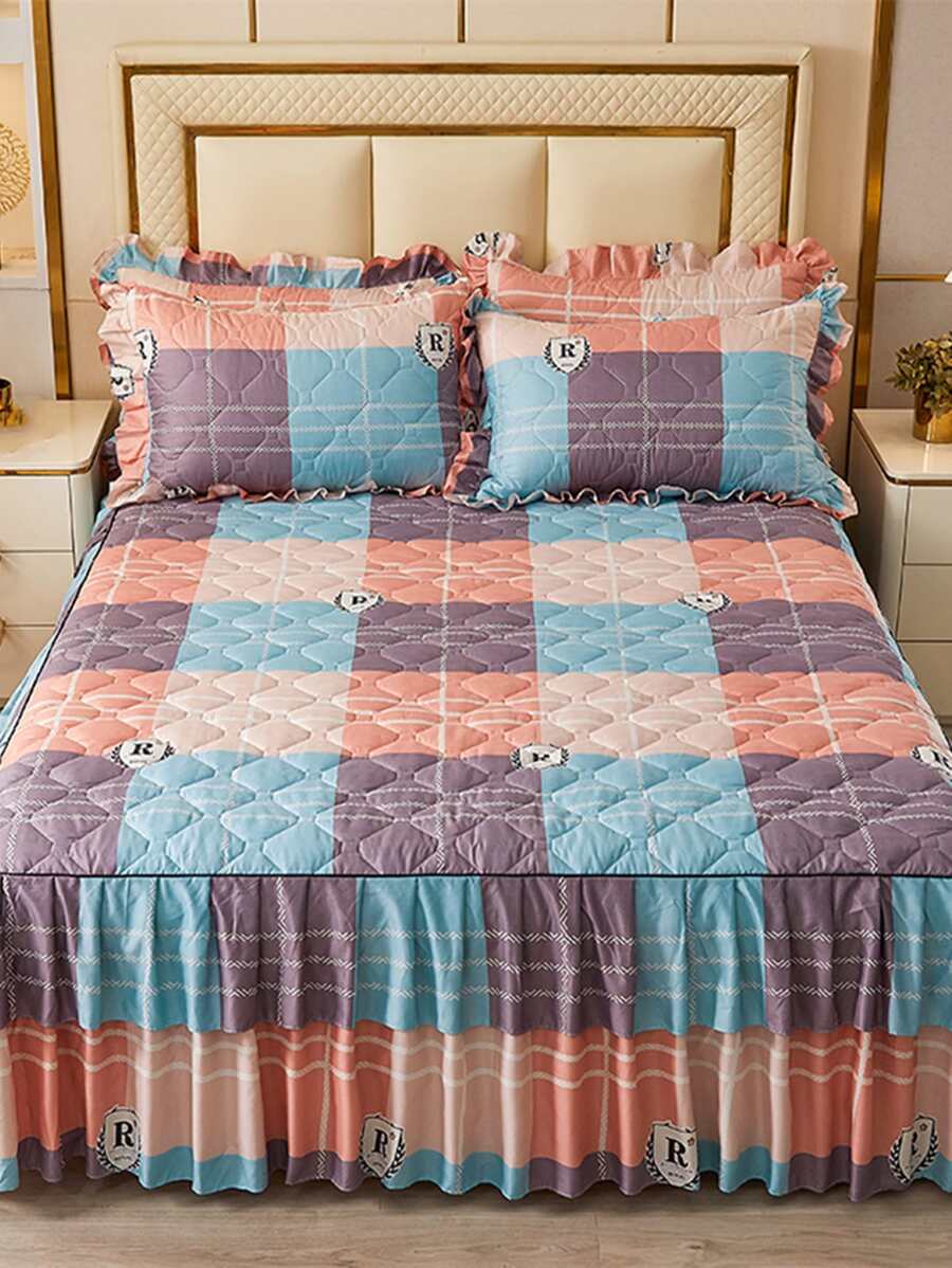 1pc Plaid Pattern Ruffle Decor Bed Skirt - Multicolor - View 1