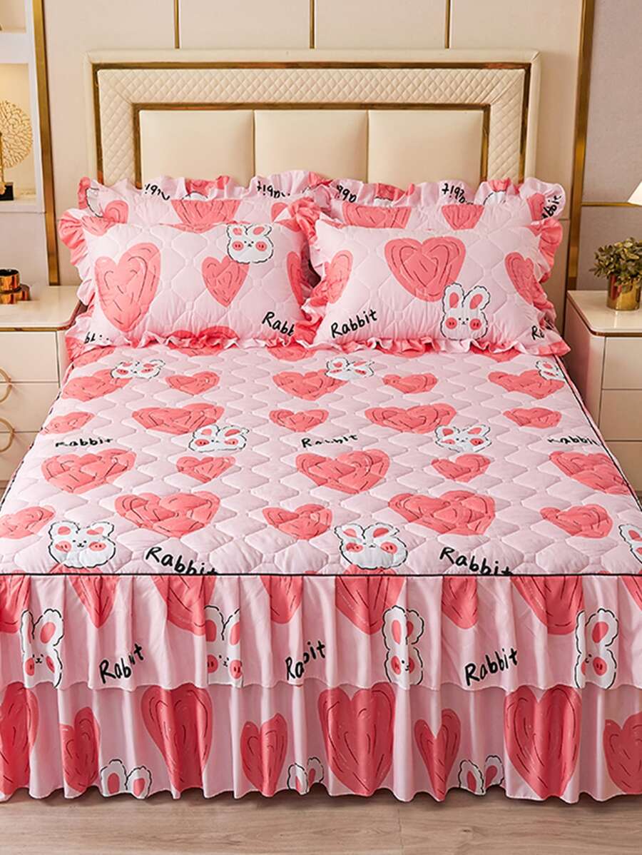 1pc Heart & Cartoon Graphic Ruffle Trim Bed Skirt - Multicolor - View 1