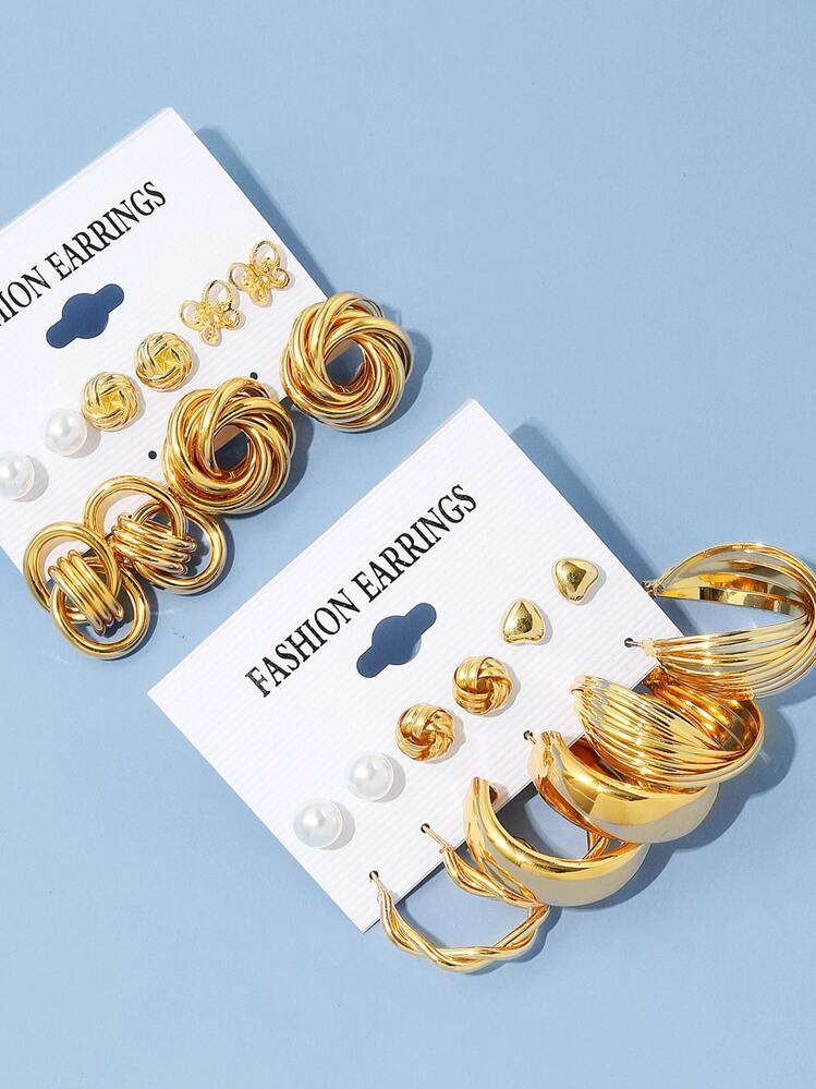 Set de 11 pares de aretes decorados con perlas falsas y corazones para el Día de San Valentín - Amarillo Oro - Añade 4