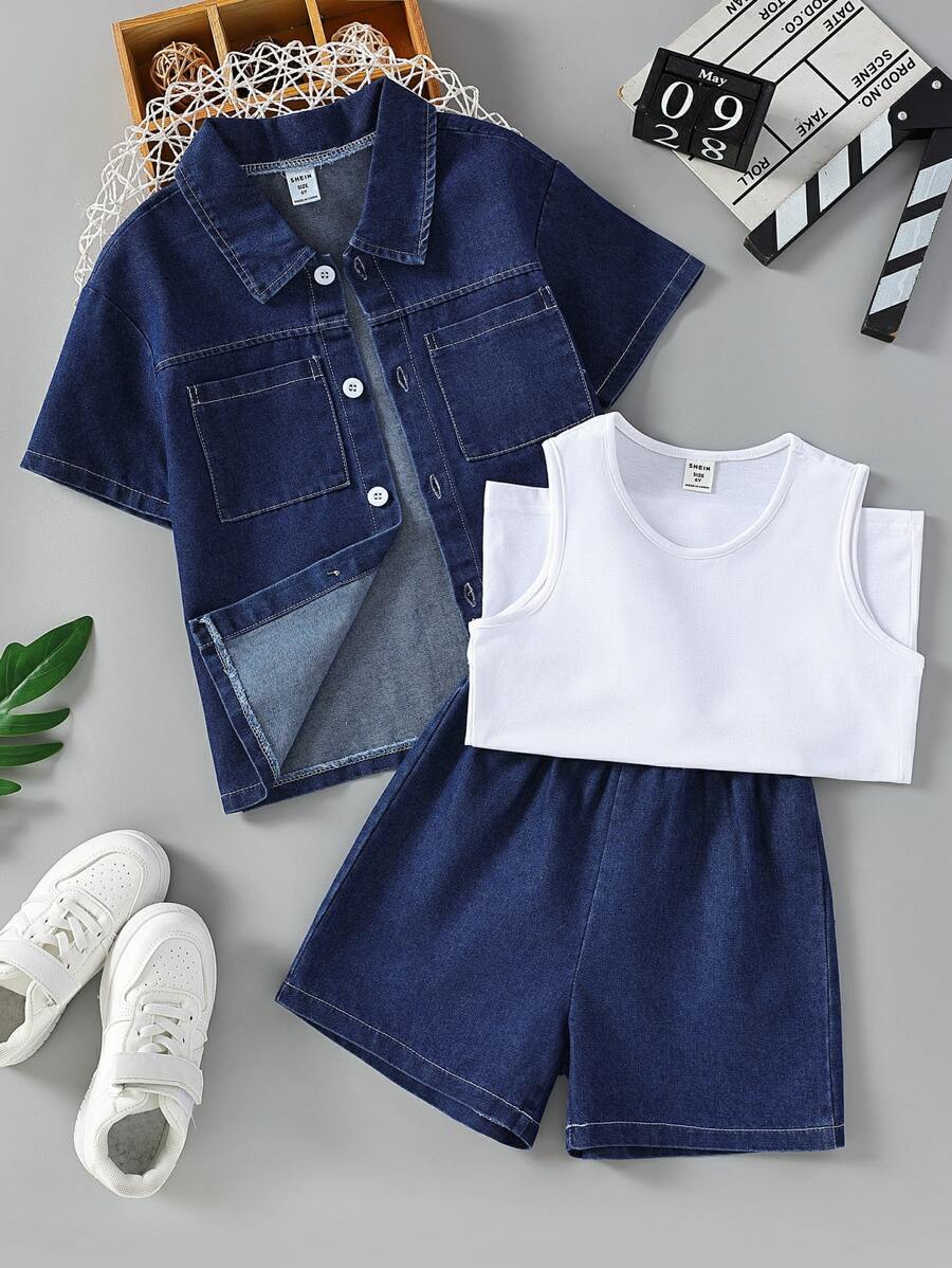 SHEIN 小男童素色背心上衣和雙口袋牛仔襯衫和牛仔短褲 - 藍白色 - 查看 1