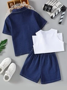 SHEIN 小男童素色背心上衣和雙口袋牛仔襯衫和牛仔短褲 - 藍白色 - 查看 2