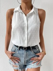 RosyDaze Solid Color Loose Front Button Waist Cinched Sleeveless Bodysuit - White - View 3