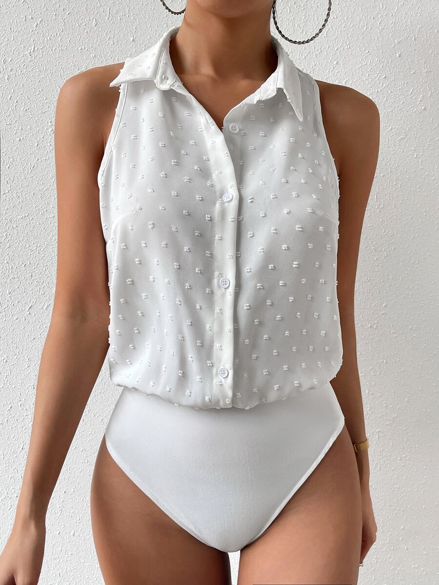 RosyDaze Solid Color Loose Front Button Waist Cinched Sleeveless Bodysuit - White - View 1