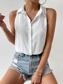 RosyDaze Solid Color Loose Front Button Waist Cinched Sleeveless Bodysuit - White - View 5