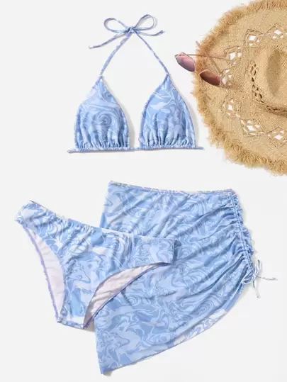 SHEIN Swim Curve 大尺寸流體頸束三角比基尼套裝，附有束口沙灘裙，適用於夏季沙灘