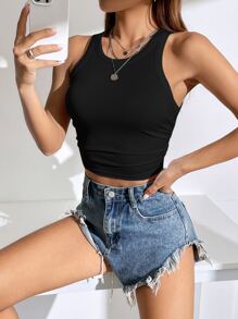 SHEIN EZwear Solid Ruched Side Crop Tank Top - Black - View 3