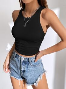 SHEIN EZwear Solid Ruched Side Crop Tank Top - Black - View 5