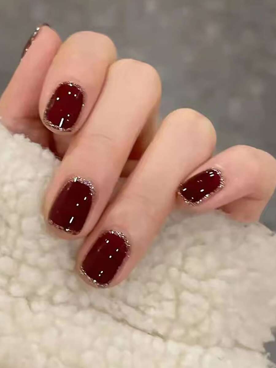 Nâng cấp diện mạo của bạn với 24 móng giả vuông ngắn màu đỏ tía màu bóng lấp lánh & 1 băng dính & 1 dũa móng tay Dụng cụ làm móng - Màu Đỏ Sâu - Xem 1