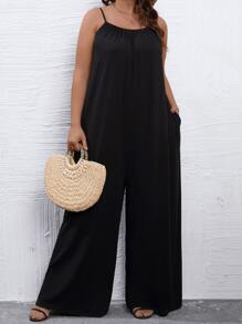 SHEIN LUNE Mono de tirantes de pierna ancha unicolor - Negro - Ver 4