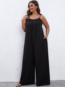 SHEIN LUNE Mono de tirantes de pierna ancha unicolor - Negro - Ver 5