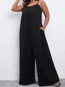 SHEIN LUNE Mono de tirantes de pierna ancha unicolor - Negro - Ver 6