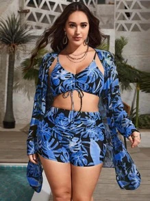 Swim Vcay Plus Size Tropical Print Drawstring Bikini Set With Kimono Summer Beach - Multicolor - View 1