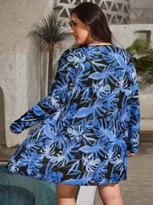 Swim Vcay Plus Size Tropical Print Drawstring Bikini Set With Kimono Summer Beach - Multicolor - View 2