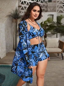Swim Vcay Plus Size Tropical Print Drawstring Bikini Set With Kimono Summer Beach - Multicolor - View 4