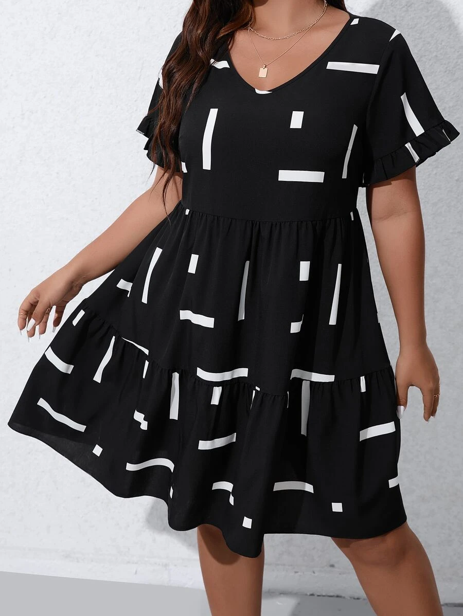 SHEIN LUNE Plus Geo Print Flounce Sleeve Ruffle Hem Dress - Black - View 1