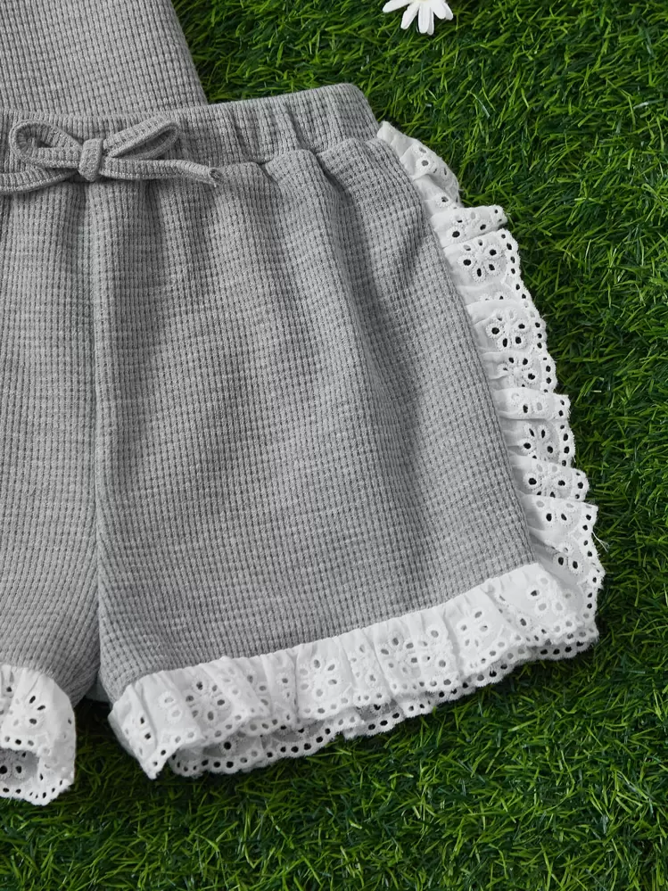 SHEIN Krås Framsida Rosett Broderi Anglaise Färgblock Brev Söt Småflickor Tvådelade kläder - Grå - Visa 3