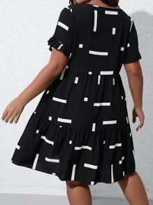 SHEIN LUNE Plus Geo Print Flounce Sleeve Ruffle Hem Dress - Black - View 2