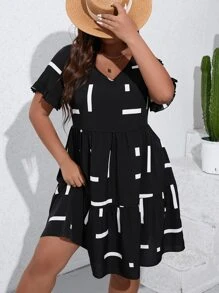 SHEIN LUNE Plus Geo Print Flounce Sleeve Ruffle Hem Dress - Black - View 5