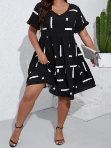 SHEIN LUNE Plus Geo Print Flounce Sleeve Ruffle Hem Dress - Black - View 6