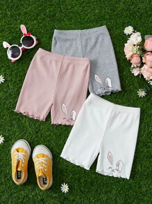 SHEIN Toddler Girls 3pcs Rabbit Print Lettuce Trim Cycling Shorts - Multicolor - View 1