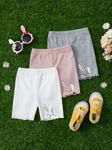 SHEIN Toddler Girls 3pcs Rabbit Print Lettuce Trim Cycling Shorts - Multicolor - View 5
