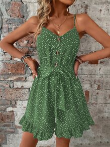 Breezaya 波卡圓點荷葉邊腰帶吊帶連體短褲 - 綠色 - 查看 5