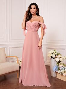 胸部褶皺一字肩側打結雪紡伴娘連衣裙 - 粉色 - 查看 3